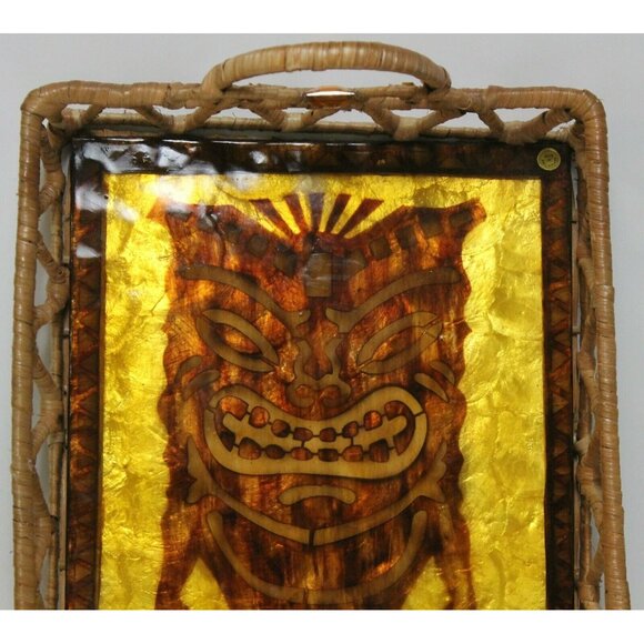 Polynesian Tiki God Capiz Serving Tray Shell God 21"x12" Jewel Brown Gold Woven - Picture 3 of 8